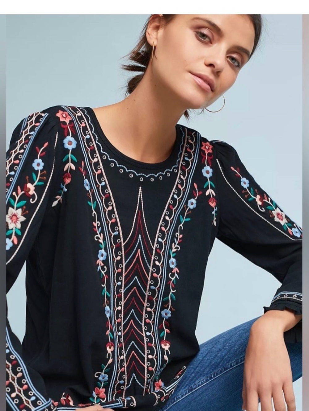 One September by Anthropologie Embroidered Wesley Top - Black/Multi, Size M